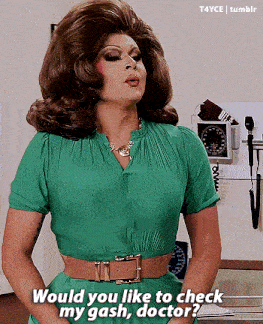 a woman in a green dress says " would you like to check my gash, doctor "