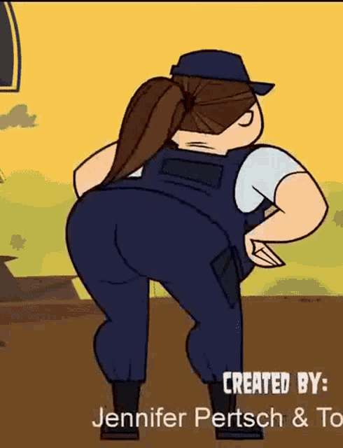 a cartoon of a woman in overalls is created by jennifer pertsch and tom