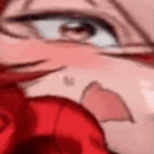 a close up of a person 's face with their mouth open and a red shirt on .