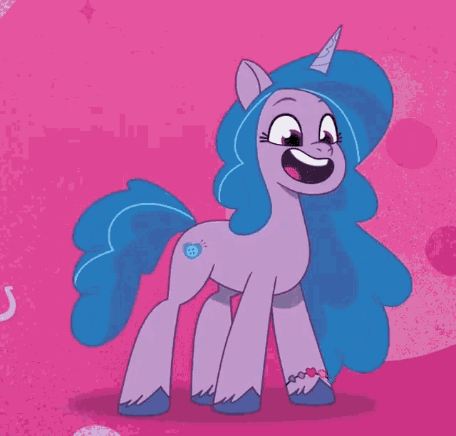 a cartoon pony with a blue mane and tail is standing in front of a pink background