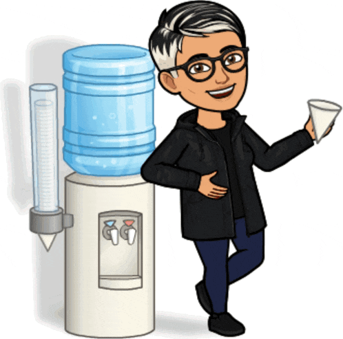 a cartoon man is holding a cup in front of a water cooler