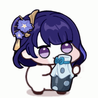 a cartoon character with purple hair is holding a bottle of liquid .