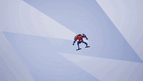 a blue and red robot with a red shield on its back