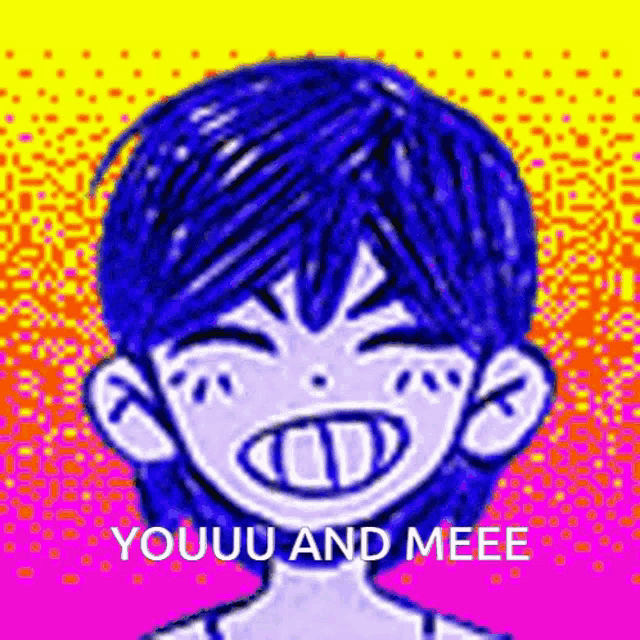 a pixel art drawing of a boy with blue hair and the words `` youuu and mee '' .