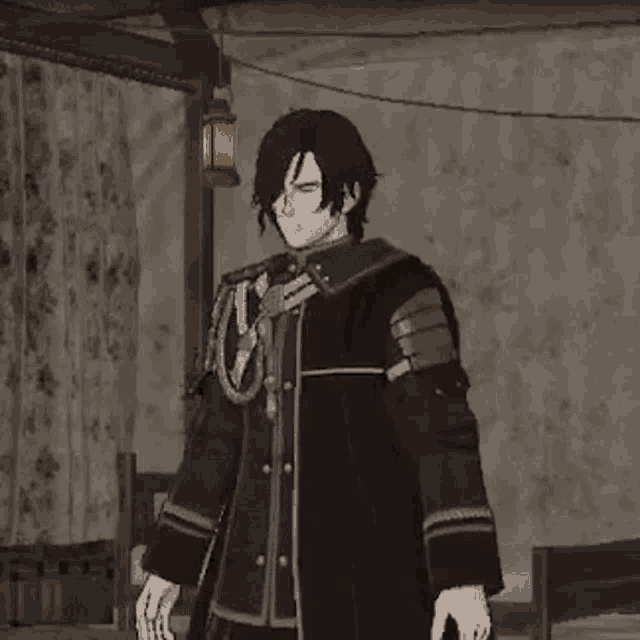 a man in a black coat and white gloves is standing in a room with a bed .