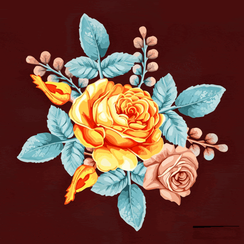 a bunch of flowers with blue leaves on a red background
