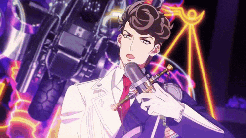 a man in a white jacket and red tie is holding a microphone and a knife in his hand .