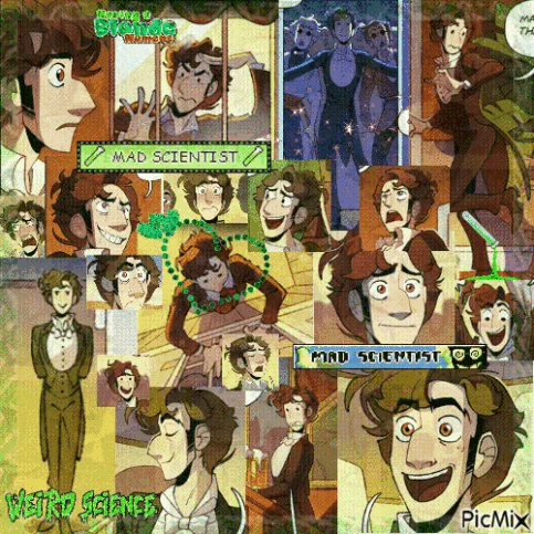 a collage of cartoon characters with mad scientist written at the top