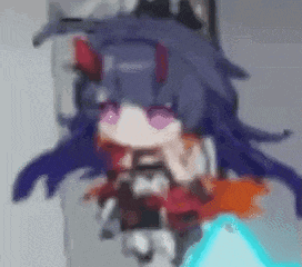 a blurry picture of a girl with purple hair and horns holding a gun .
