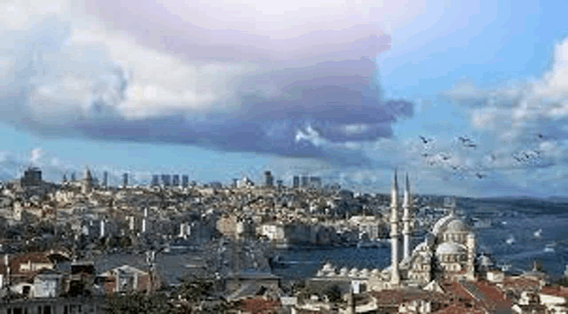 an aerial view of a city with a mosque in the middle of it and birds flying in the sky .