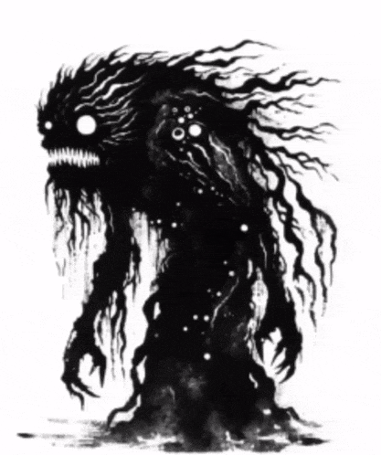 a black and white drawing of a monster with glowing eyes and long hair .