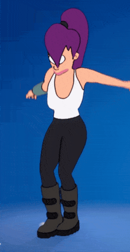 a cartoon character with purple hair and black pants is standing on a blue background