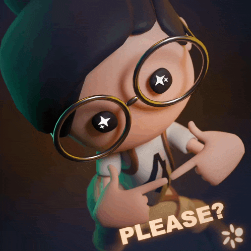 a cartoon character with glasses and suspenders says please