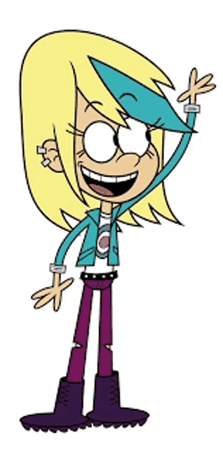 a cartoon character with blonde hair and purple pants is waving her hand