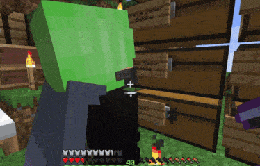 a green minecraft character is standing in front of a stack of wooden boxes labeled orange copper building