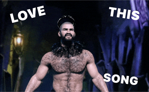 a shirtless man with a crown on his head is surrounded by words that say love this and song
