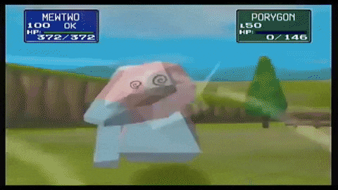a video game screen shows mewtwo and porygon