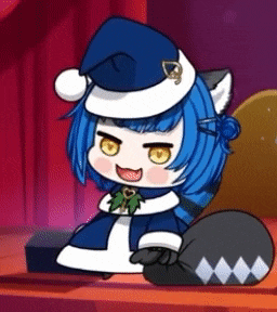 a cartoon character with blue hair and a santa hat