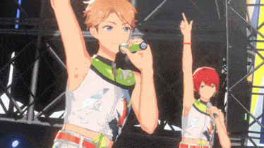 two anime characters singing into microphones on stage