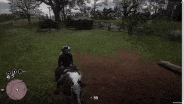 a screenshot of a video game shows a man standing on a horse while a woman looks on