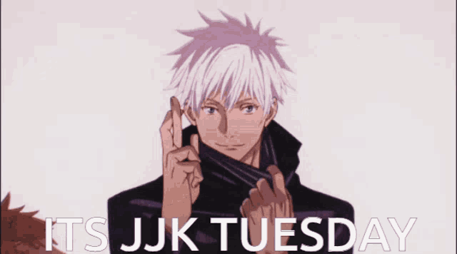 a poster that says it 's jjk tuesday with a man holding an umbrella