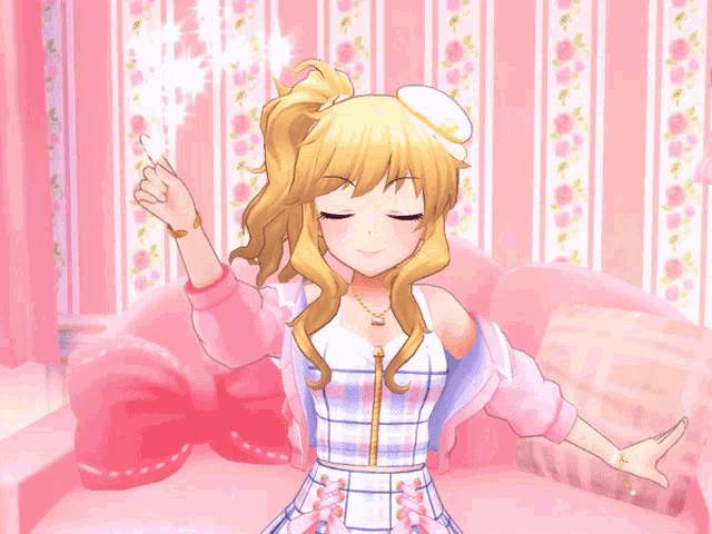 a girl in a pink dress is dancing in front of a pink wall