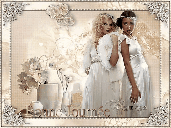 a picture of two women in white dresses with the words bonne journee