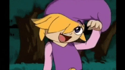 a cartoon character wearing a purple hat and a purple shirt is standing in a forest .