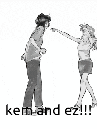 a black and white drawing of a man and a woman dancing with the words kem and ez !! below them