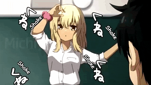a girl in a white shirt is surrounded by the words shake