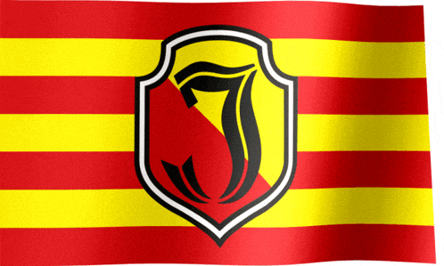 a red and yellow striped flag with a black and white shield with the letter j on it