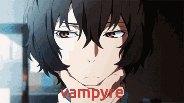 a close up of a person 's face with the word vampyre in red letters