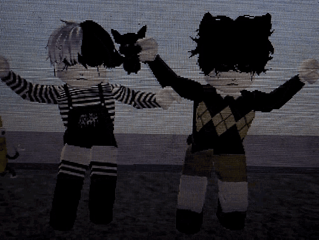 two cartoon characters are standing next to each other and one has a cat on her head