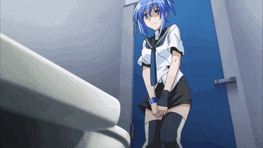 a girl with blue hair is standing in a bathroom next to a toilet