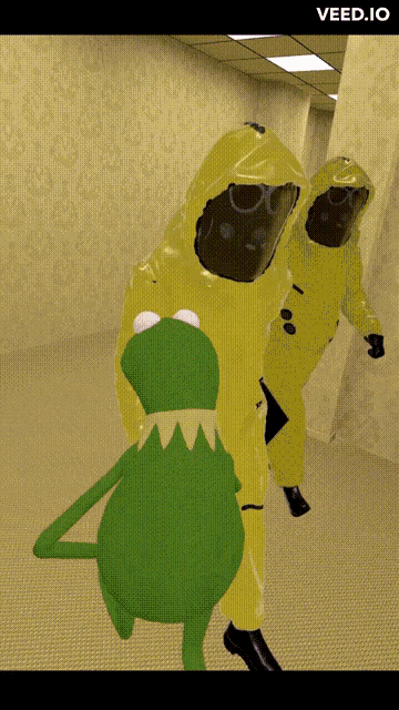 a cartoon of kermit the frog wearing a yellow suit and mask