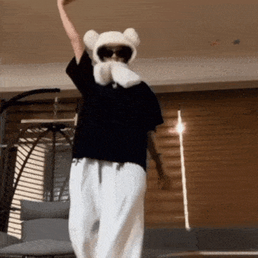 a person wearing a bear hat and sunglasses is dancing in a living room .