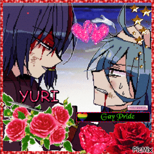 a pixel art of two anime characters with yuri written on the bottom