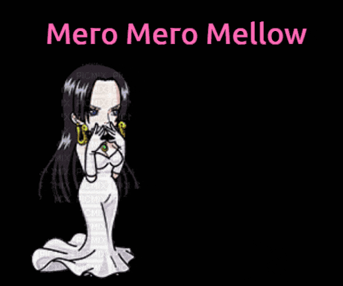 a girl in a white dress with the words " mero mero mellow " written above her