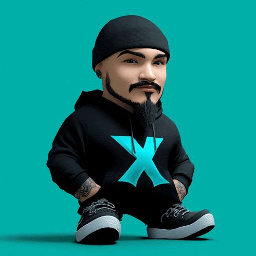 a man with a beard wearing a black hoodie with a blue x on it