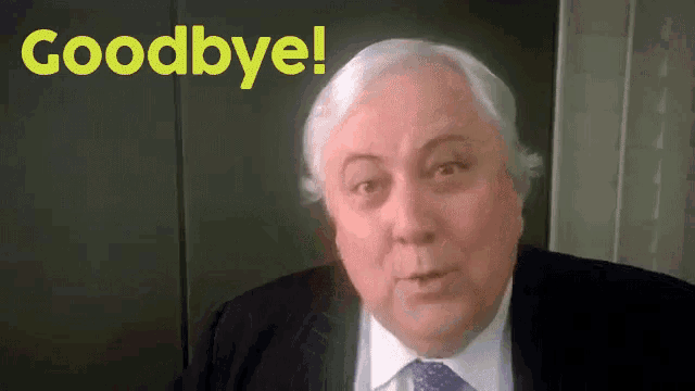 a man in a suit and tie says goodbye in yellow letters