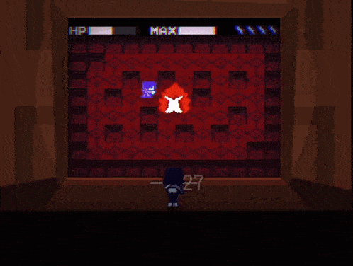 a video game with a character standing in front of a screen that says max on it
