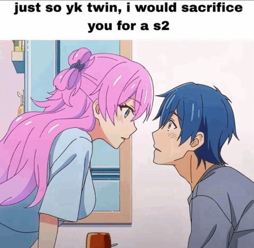 a cartoon of a boy and a girl looking at each other with the caption just so yk twin