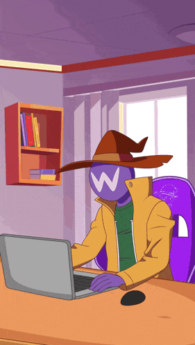 a cartoon character with a w on his face is using a laptop