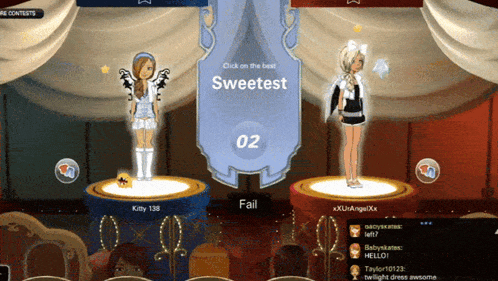 two girls are standing on a stage with a sign that says sweetest on it