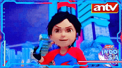 a cartoon character is holding a blue hammer in front of a city .