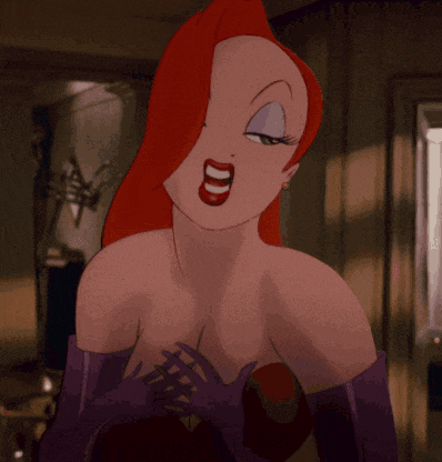 a cartoon character with red hair and purple gloves has her eyes closed