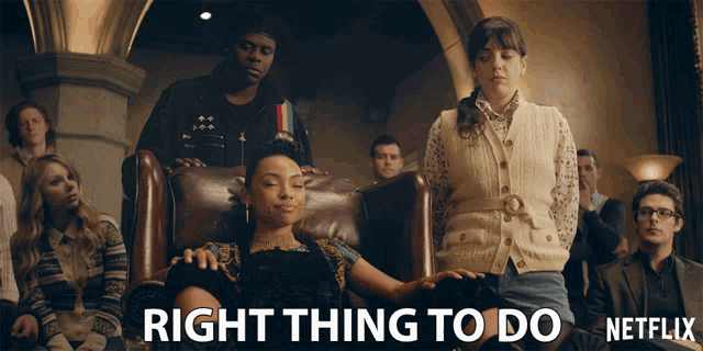 a group of people sitting in a room with the words right thing to do written on the bottom