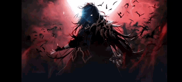 a woman with long black hair is standing in front of a flock of birds .