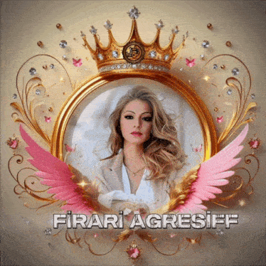 a picture of a woman with a crown and pink wings has the name firari agresiff on it