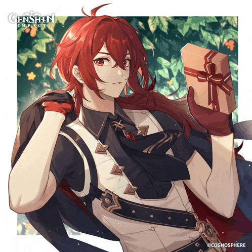 a character from genshin impact is holding a gift